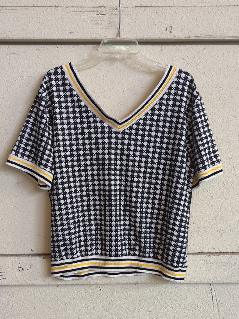Vintage Black & White Check Knit Top with Yellow Trim